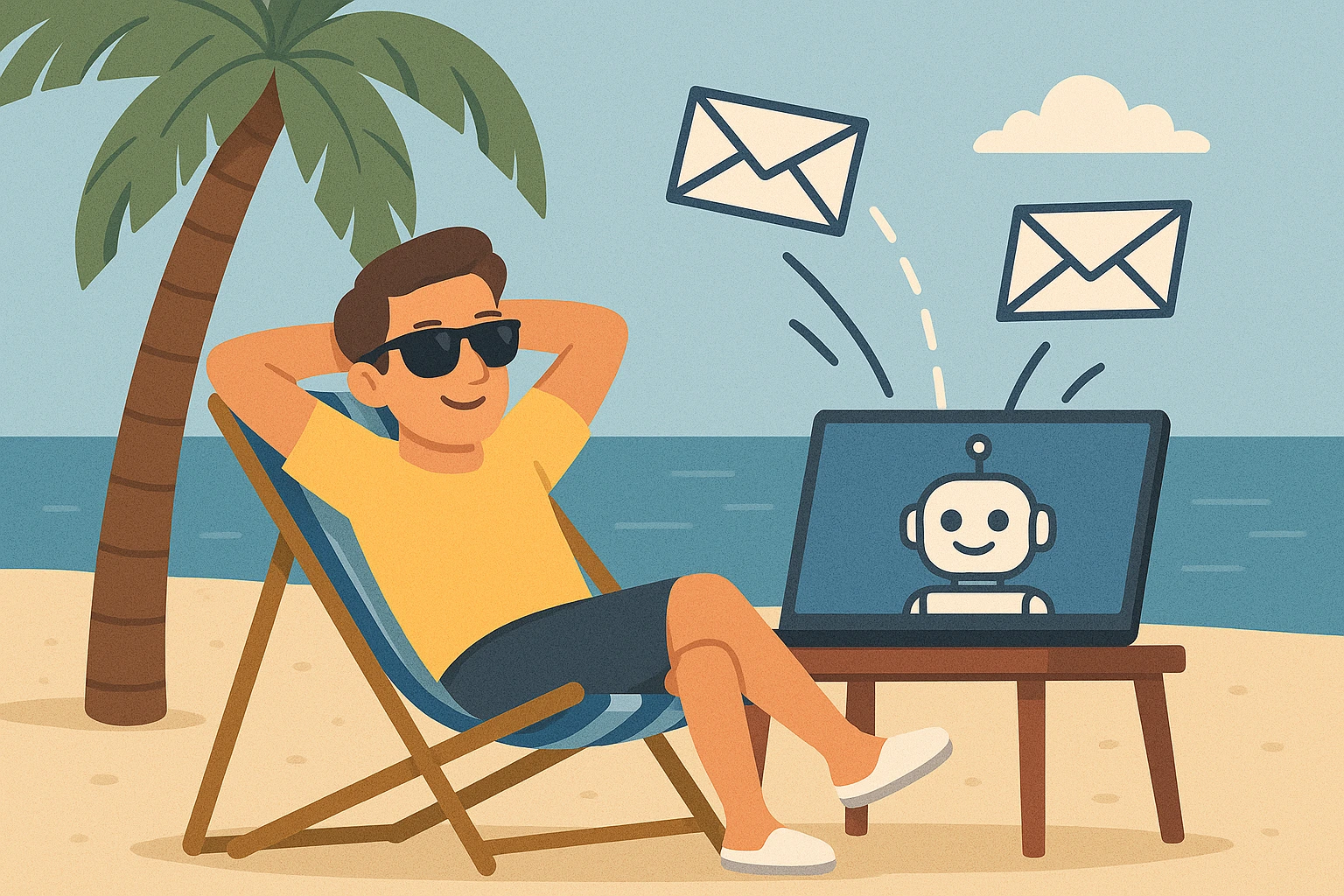 Relaxed person at beach with laptop showing AI robot sending emails